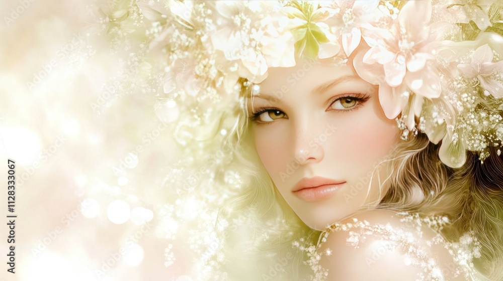 Enchanted Beauty: A ethereal portrait of a woman adorned with a delicate crown of blossoms, bathed in soft, dreamy light. Her serene gaze captivates. Enchanted Beauty: A ethereal portrait of a woman adorned with a delicate crown of blossoms, bathed in soft, dreamy light. Her serene gaze captivates.