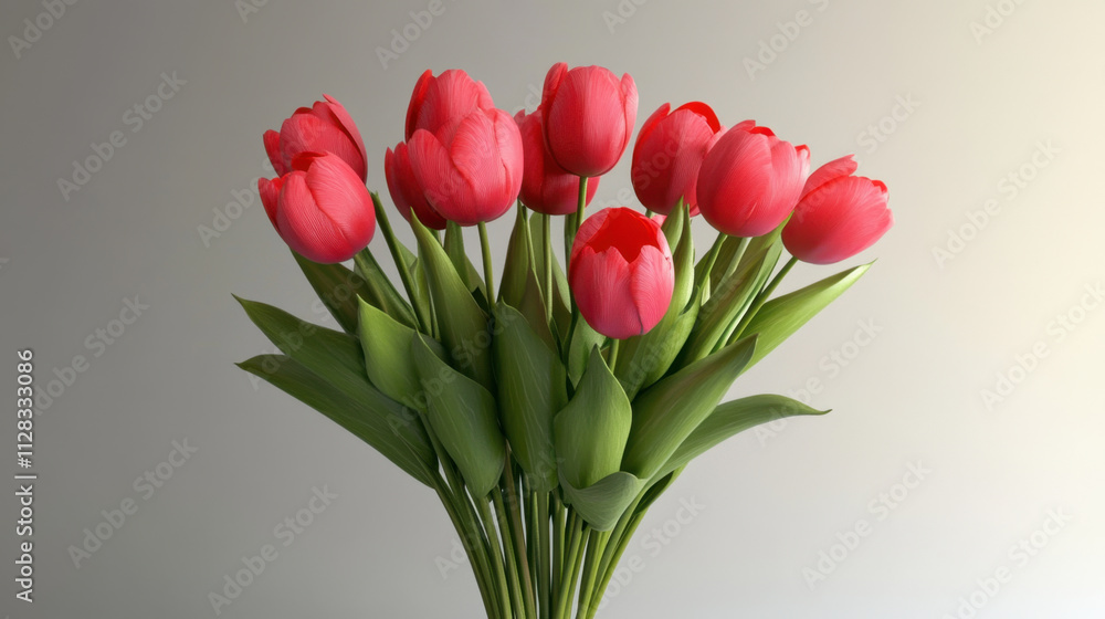 vibrant bouquet of pink tulips with lush green leaves, beautifully arranged against light background, perfect for adding touch of elegance to any space vibrant bouquet of pink tulips with lush green leaves, beautifully arranged against light background, perfect for adding touch of elegance to any space