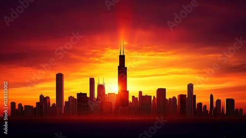 Fiery Sunset Over City Skyline in Bold Colors