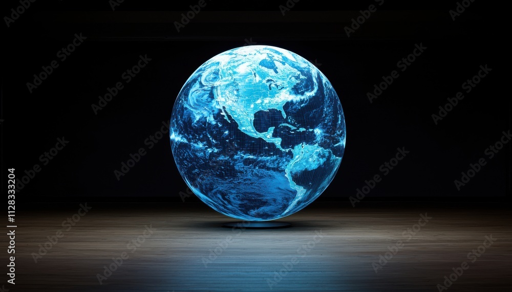 Fototapeta premium Breakthrough discovery impact concept. Glowing blue globe on a dark background, symbolizing Earth and technology.
