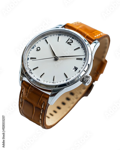 Elegant Wristwatch Brown Leather Strap, Silver Case, White Dial photo