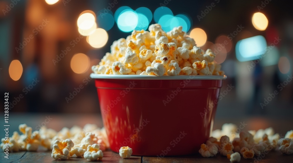 Red popcorn bucket on a wooden table with scattered popcorn, warm bokeh light on blur background Red popcorn bucket on a wooden table with scattered popcorn, warm bokeh light on blur background