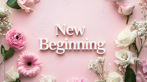 Elegant Representation of 'New Beginning' in Allura Font with A Harmonious Background and Pattern in Flat Lay View photo