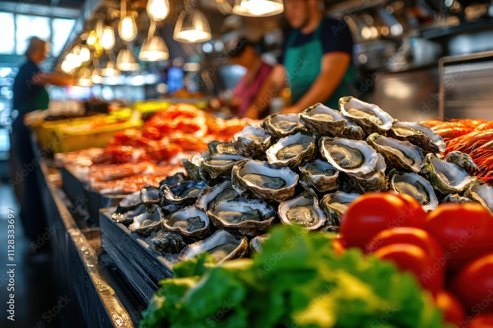 Vibrant seafood market displaying fresh oysters coastal town food photography bustling environment close-up view culinary delights and freshness Vibrant seafood market displaying fresh oysters coastal town food photography bustling environment close-up view culinary delights and freshness