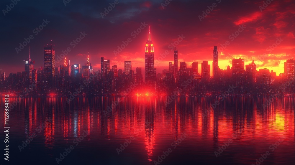 Naklejka premium Fiery sunset over a modern city skyline reflected in calm water.