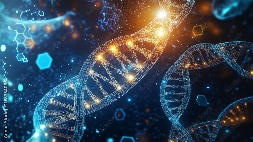 Scientific Breakthrough Glowing DNA Helix Amidst Digital Patterns Scientific Breakthrough Glowing DNA Helix Amidst Digital Patterns