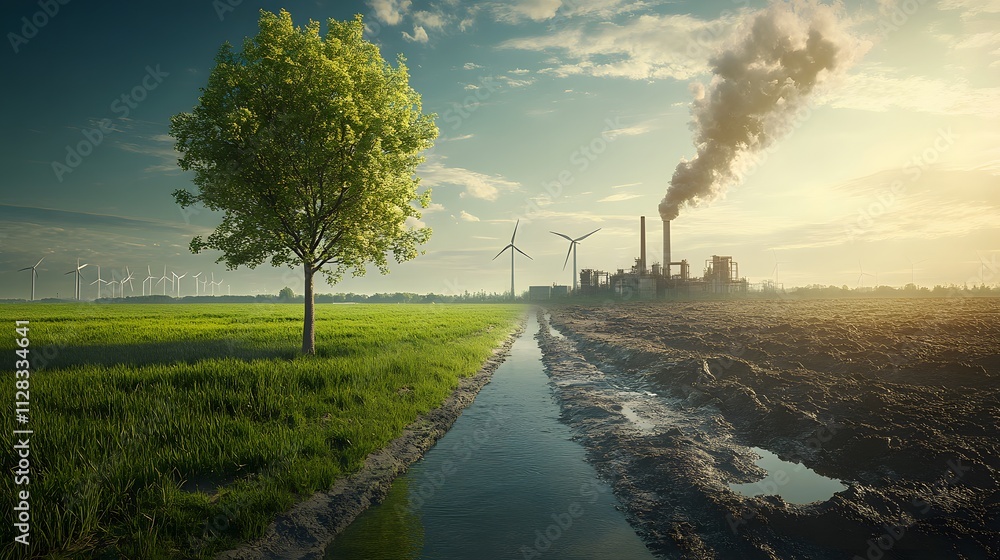 Compare a green tree and meadow with clear air to a factory emitting pollution and its effects on climate change, 3D illustration rendering Compare a green tree and meadow with clear air to a factory emitting pollution and its effects on climate change, 3D illustration rendering