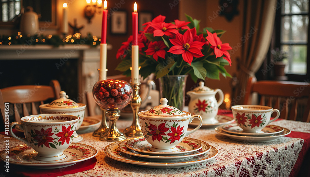 Festive dining table set with tea cups, poinsettia flowers, and candles for holiday season gathering Festive dining table set with tea cups, poinsettia flowers, and candles for holiday season gathering