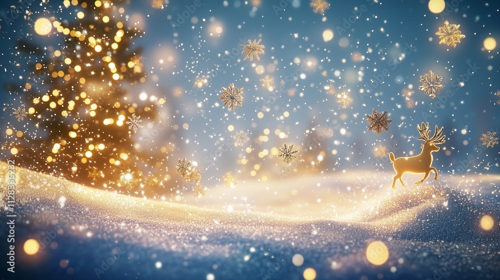 Obraz premium Golden Christmas Magic with Sparkling Reindeer and Snowflakes - Imagined with AI