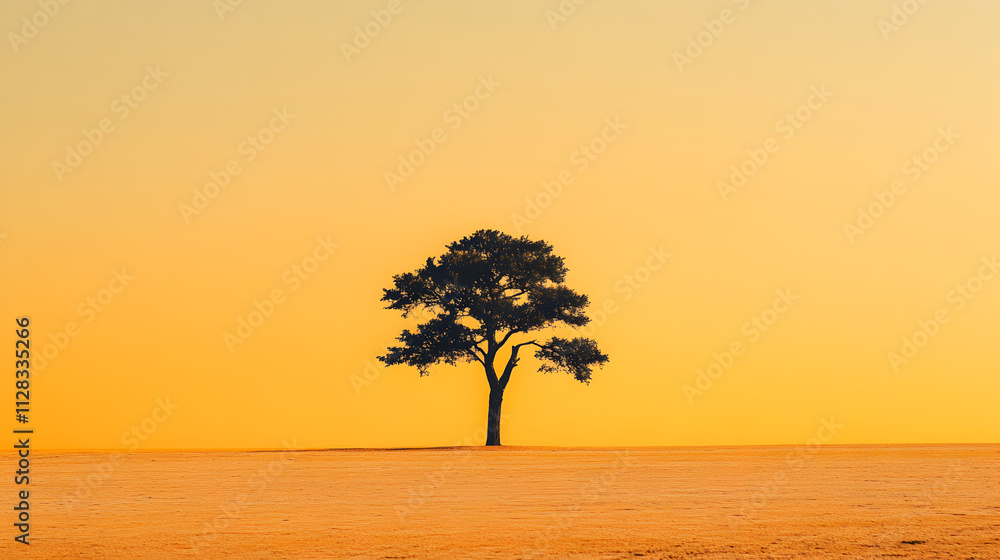 A solitary tree silhouetted against a warm, golden horizon at sunset. A solitary tree silhouetted against a warm, golden horizon at sunset.