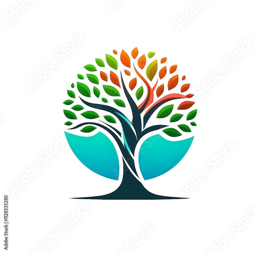 Simple and minimalist logo of a colorful banyan tree