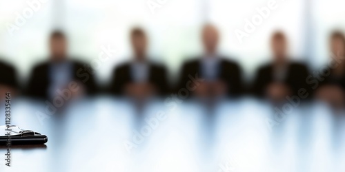 A conference table is showcased with an array of business professionals blurred in the background, representing important corporate discussions and collaborative decision-making.