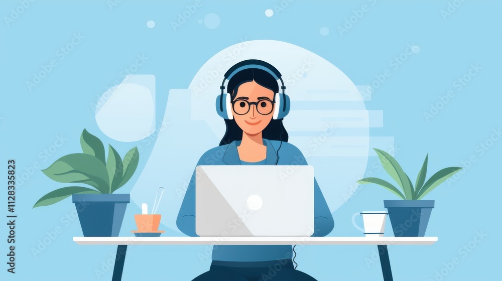 Female employee working on laptop and wearing headphones Female employee working on laptop and wearing headphones