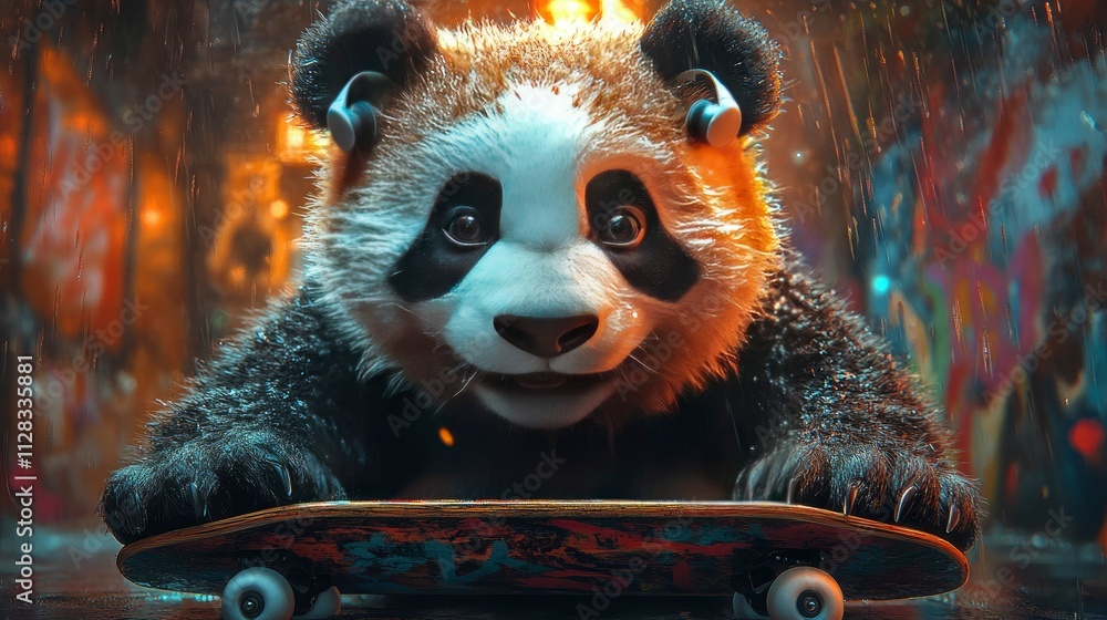 Cool Panda Skateboarding in the Rain Digital Art Cool Panda Skateboarding in the Rain Digital Art