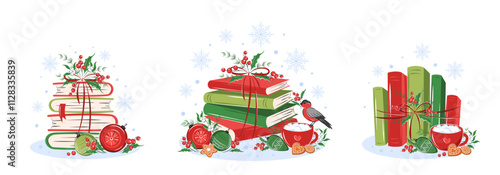 Books with winter decor. Set of reading elements for bookshop, library, bookstore or education. Vector illustration on white background for season banner, cover, advertising, sales.