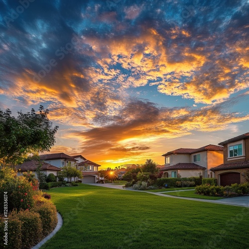 beautiful sunset over suburban neighborhood with vibrant clouds