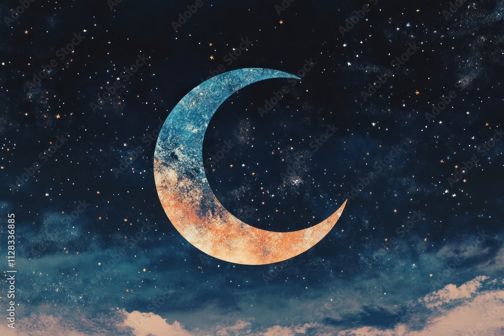 Crescent moon surrounded by a starry night sky Crescent moon surrounded by a starry night sky