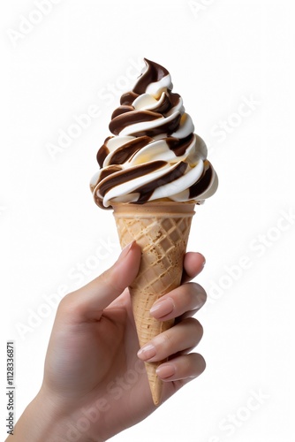 Chocolate and Vanilla Swirl Soft Serve Ice Cream in Waffle Cone Held by Hand