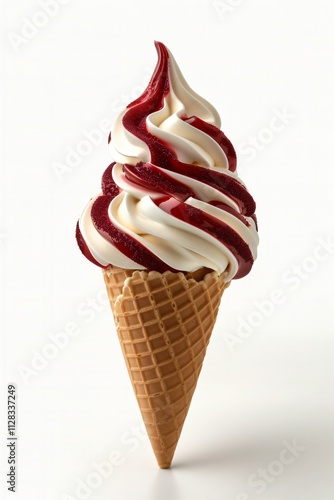 Soft Serve Vanilla Ice Cream Cone with Red Swirl Topping on White Background
