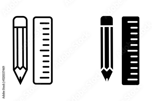 Pencil and ruler icon in trendy outline and black style design. Vector graphic illustration. Pencil and ruler icon for website design, app, logo, and ui. Vector file.
