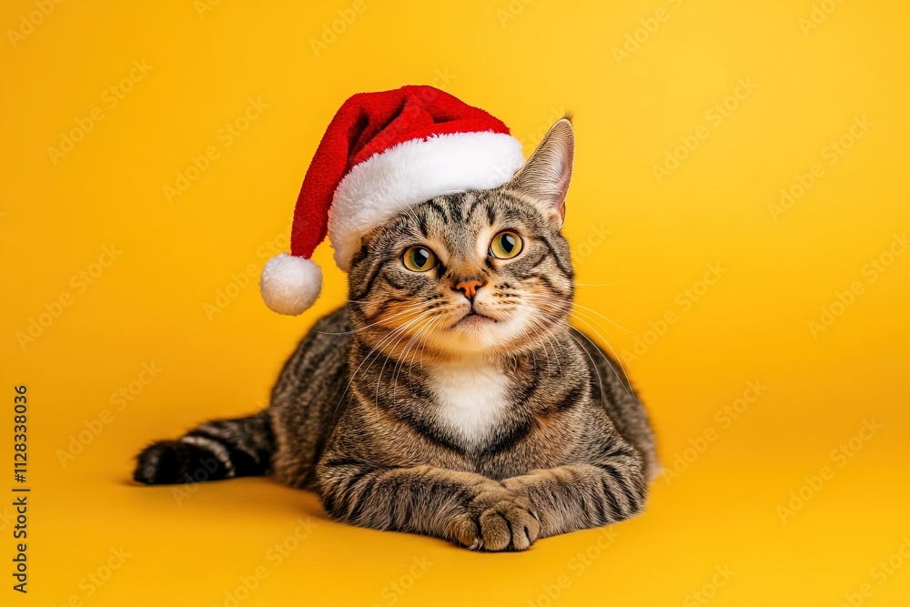 christmas image adorable tabby cat in red santa claus hat lying on bright yellow background christmas image adorable tabby cat in red santa claus hat lying on bright yellow background