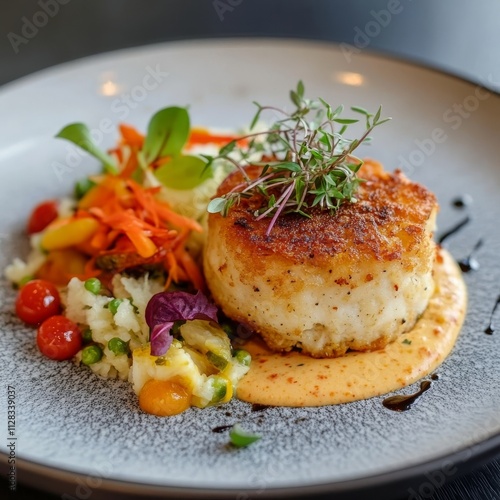 Fototapeta Naklejka Na Ścianę i Meble -  Gourmet fishcake served with healthy options