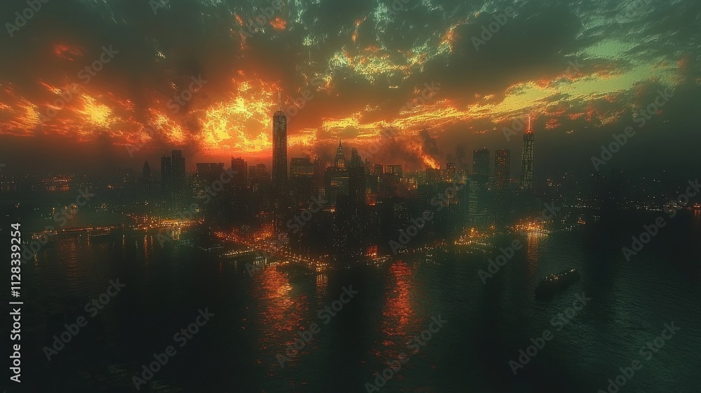Fiery sunset over a dark, futuristic city skyline reflected in dark water. Fiery sunset over a dark, futuristic city skyline reflected in dark water.