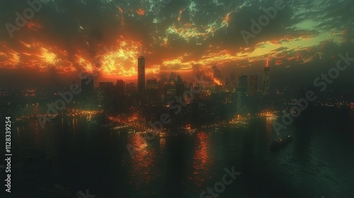 Fiery sunset over a dark, futuristic city skyline reflected in dark water.