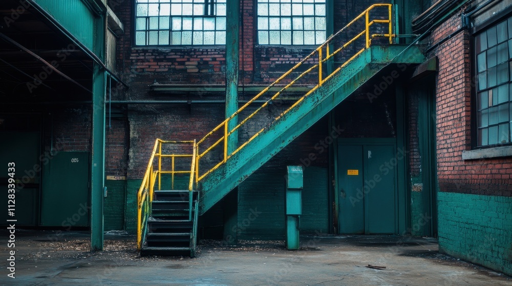 Abandoned Industrial Staircase in Brick Building Abandoned Industrial Staircase in Brick Building