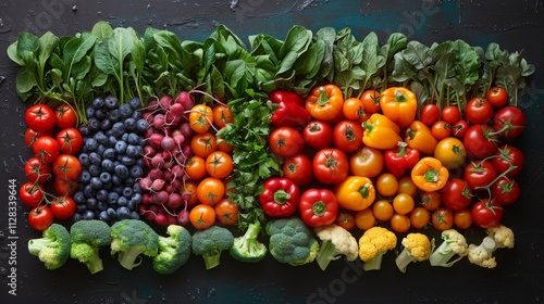 Harvard Healthy Eating Plate . rainbow of colorful vegetables, from leafy greens to vibrant bell peppers, arranged in playful and inviting manner, symbolizing the abundance and nutritional value photo