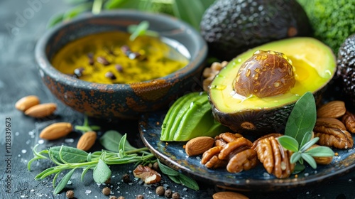 Harvard Healthy Eating Plate. A variety of healthy fats sources, such as avocados, nuts, and olive oil, symbolizing the importance of healthy fats for brain function and heart health. photo