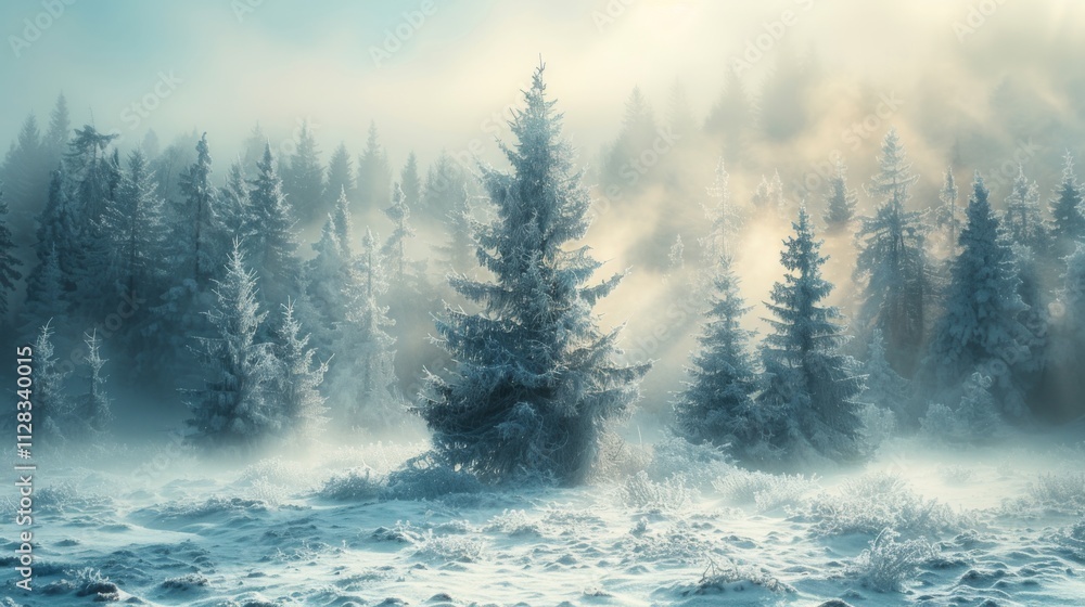 Fototapeta premium Winter season. magical creatures like snow fairies and ice dragons in a fairy tale ice forest. Misty landscape