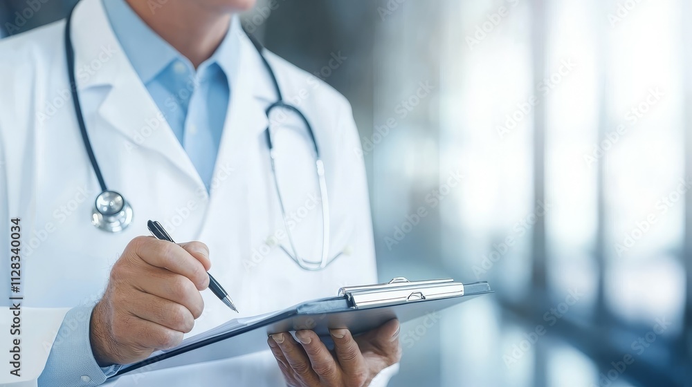 A medical professional writing notes on a clipboard in a clinical setting. A medical professional writing notes on a clipboard in a clinical setting.