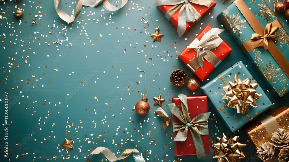 custom made wallpaper toronto digitalColorful wrapped gifts and festive decorations on a teal background.