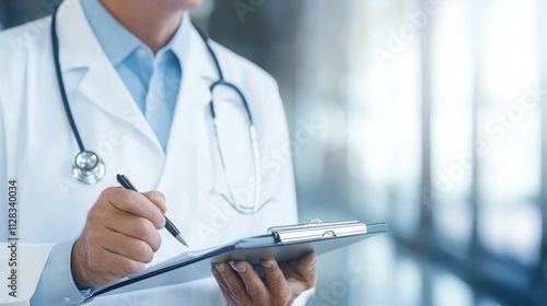 A medical professional writing notes on a clipboard in a clinical setting.