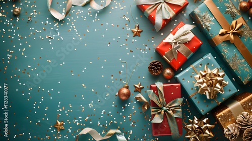 Wallpaper Mural Colorful wrapped gifts and festive decorations on a teal background. Torontodigital.ca