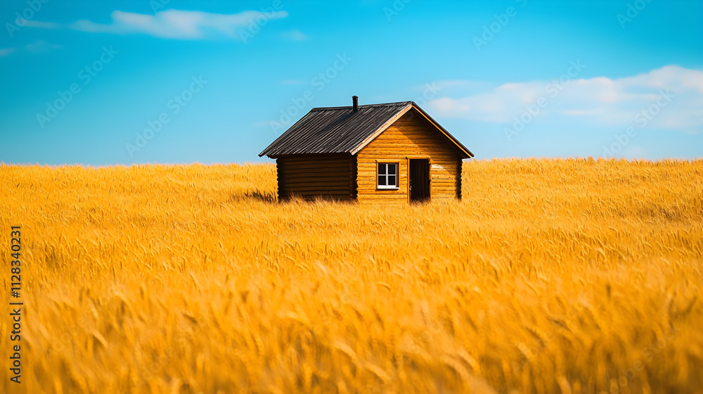 A solitary wooden house amidst golden wheat fields under a bright blue sky. A solitary wooden house amidst golden wheat fields under a bright blue sky.