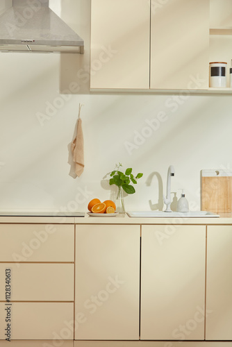 Kitchen background photo in vertical frame, decorated with beige and white color kitchen furniture like cabinet, sink and exhaust hood. A white unbranded hygiene placed next to the water tap photo