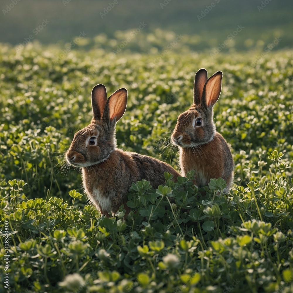 A group of rabbits hopping through a field of clover on a sunny spring morning. A group of rabbits hopping through a field of clover on a sunny spring morning.