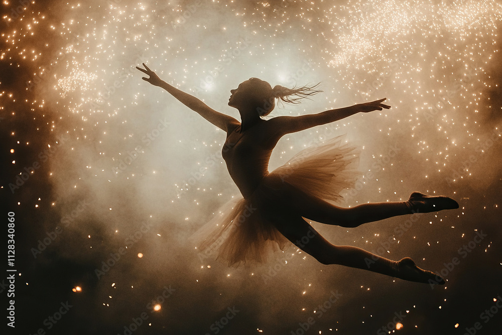 A ballerina dances in a tutu against the background of small glowing particles and smoke. A ballerina dances in a tutu against the background of small glowing particles and smoke.