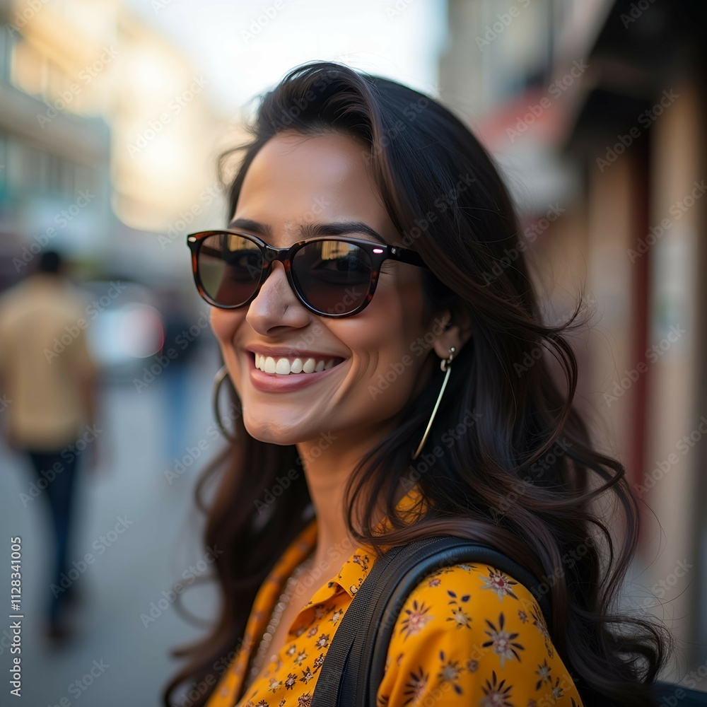 Close-up of a confident Indian woman in sunglasses, smiling on a city street Close-up of a confident Indian woman in sunglasses, smiling on a city street