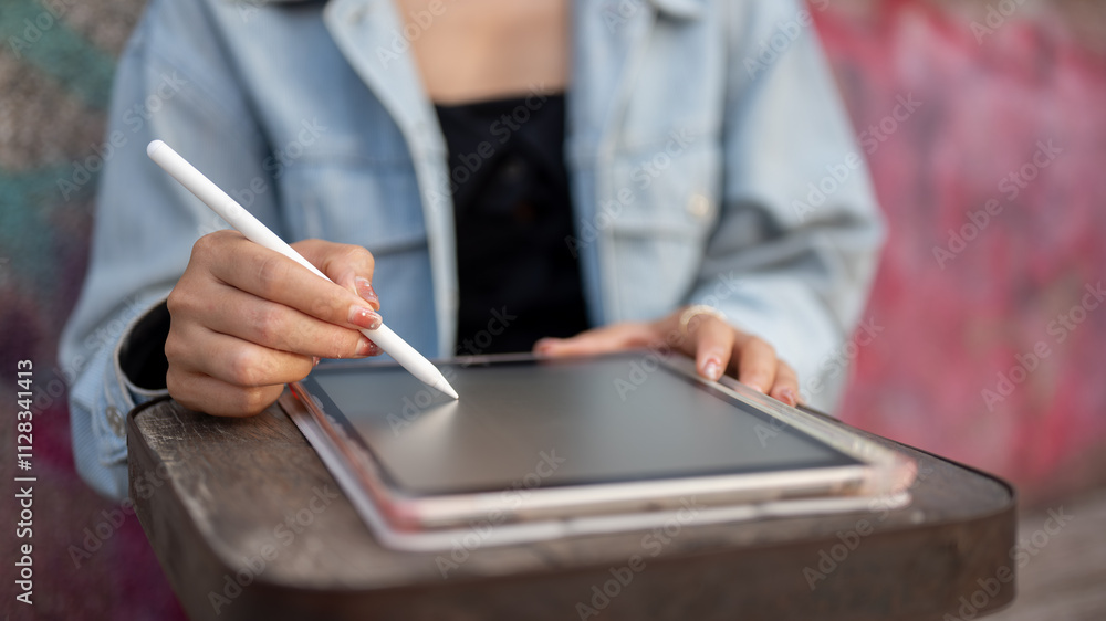 A close-up of a woman sits at an outdoor table of a cafe in the city, using her digital tablet.