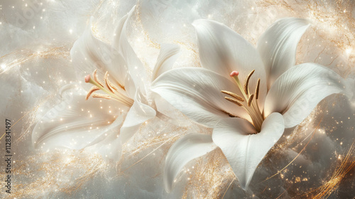 Elegant white lily flowers with golden accents create serene and dreamy atmosphere, perfect for adding touch of beauty to any space photo