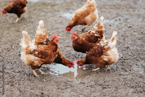 group of free-range brown chicken drinking water on a farm