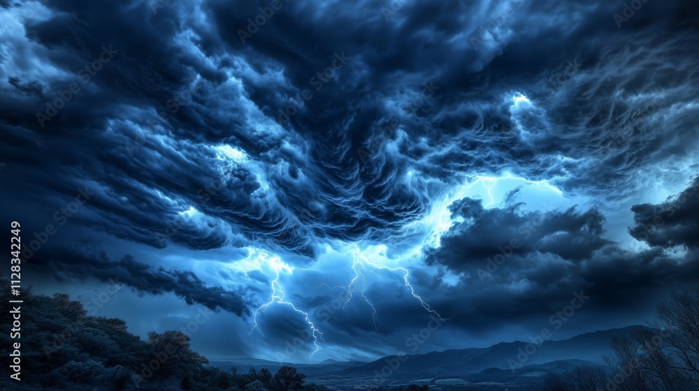 Stormy clouds swirl as heavy rain pours, lightning flashes, and trees sway violently amid chaos. Stormy clouds swirl as heavy rain pours, lightning flashes, and trees sway violently amid chaos.