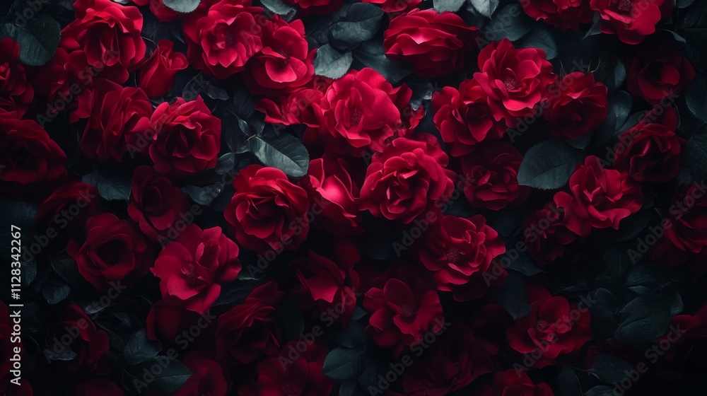 A Lush Abundance Of Deep Red Roses And Green Foliage A Lush Abundance Of Deep Red Roses And Green Foliage
