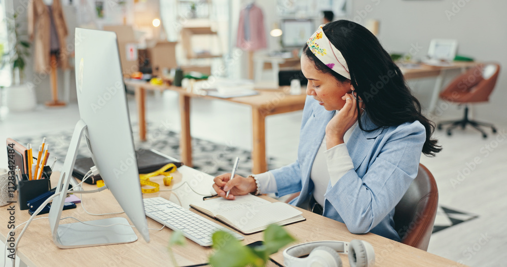 © peopleimages.com - Fashion designer, woman and writing at desk for planning clothing design and inspiration for product aesthetic. Small business, entrepreneur and notebook for market research notes and online ideas
