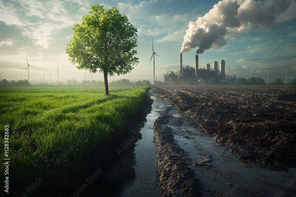 Compare a green tree and meadow with clear air to a factory emitting pollution and its effects on climate change, 3D illustration rendering Compare a green tree and meadow with clear air to a factory emitting pollution and its effects on climate change, 3D illustration rendering