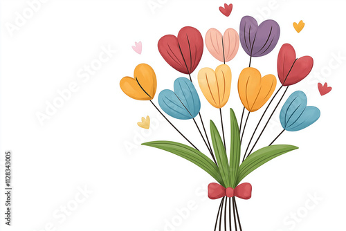Colorful Heart-Shaped Tulips Bouquet with Decorative Elements.Ideal for Valentine’s Day cards, wedding invitations, romantic posters, and cheerful designs.