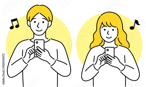 スマホを操作する若い男女の正面・自撮りするカップル・シンプルでポップなベクターイラスト